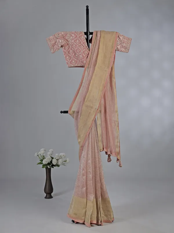 Pink tissue silk saree with intricate embroidery
