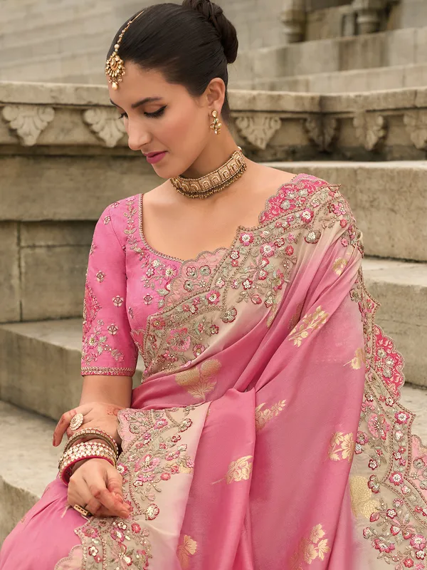 Pink tissue silk saree with intricate printed detailing