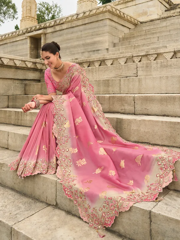 Pink tissue silk saree with intricate printed detailing