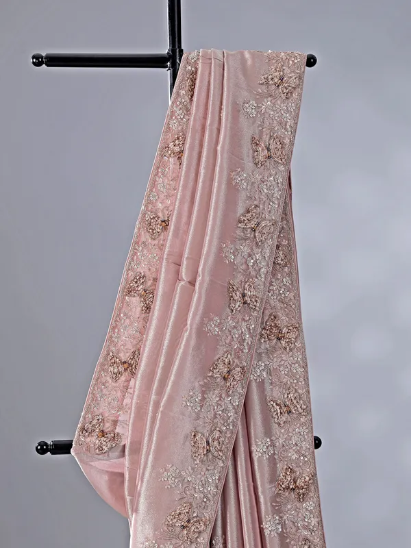Pink tissue silk saree with pearl detailing