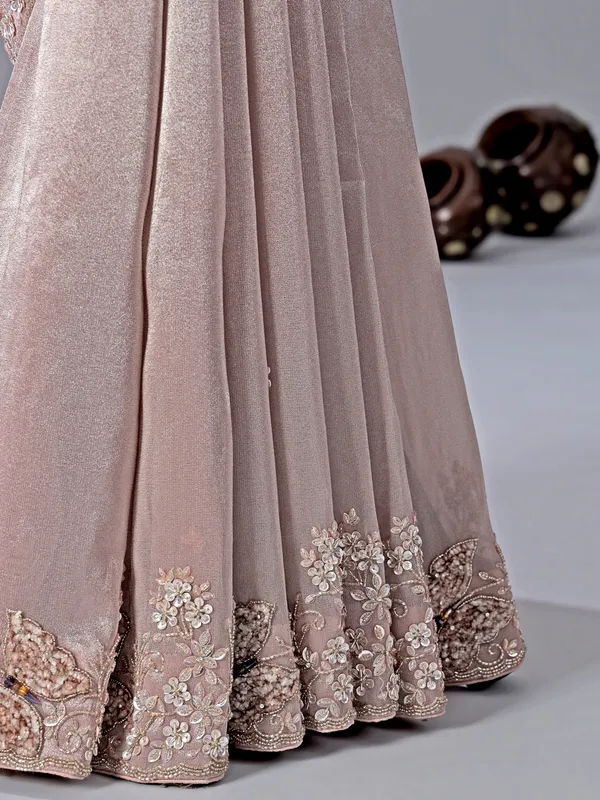Pink tissue silk saree with pearl detailing