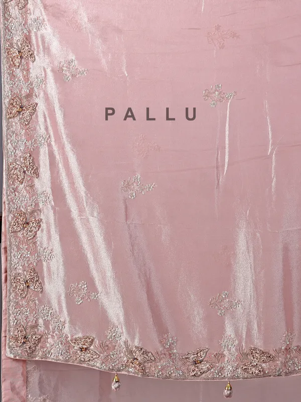 Pink tissue silk saree with pearl detailing