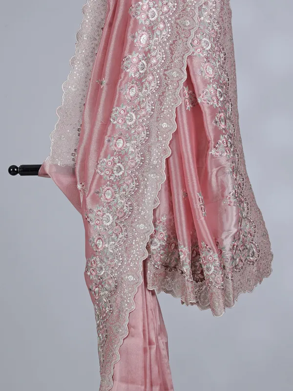 Pink tissue silk saree with resham elegance