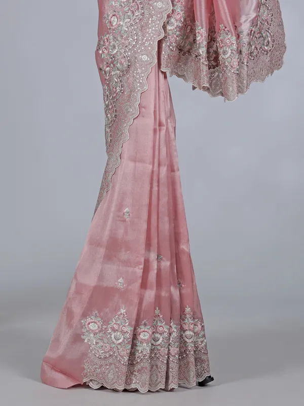 Pink tissue silk saree with resham elegance