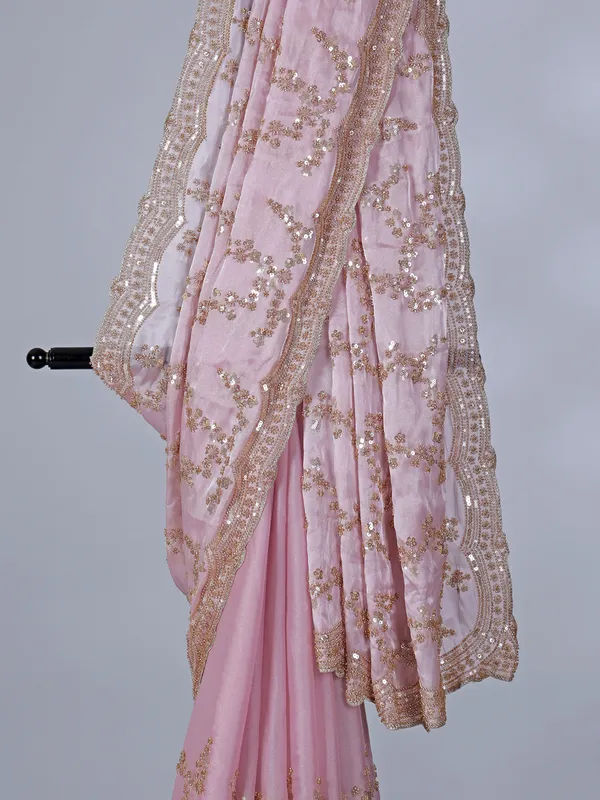 Pink tissue silk saree with resham work