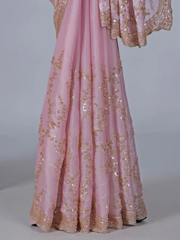Pink tissue silk saree with resham work