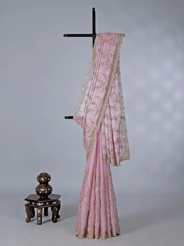 Pink tissue silk saree with resham work