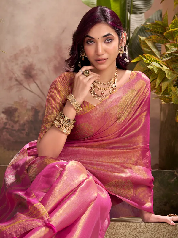 Pink tissue silk saree with zari glow