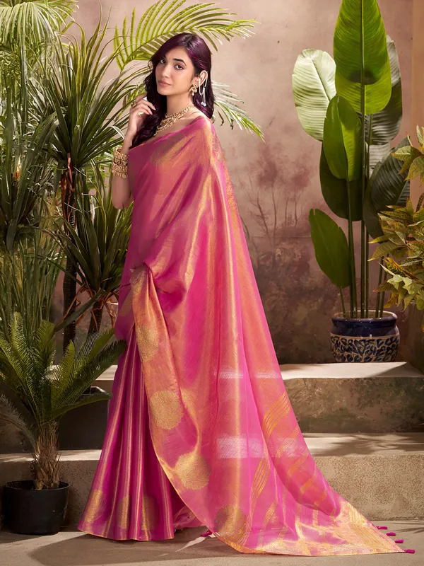 Pink tissue silk saree with zari glow