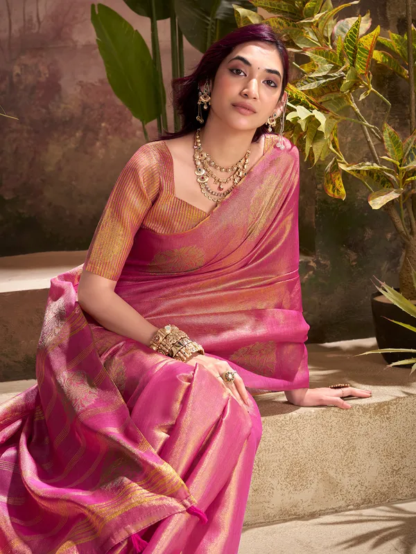 Pink tissue silk saree with zari glow