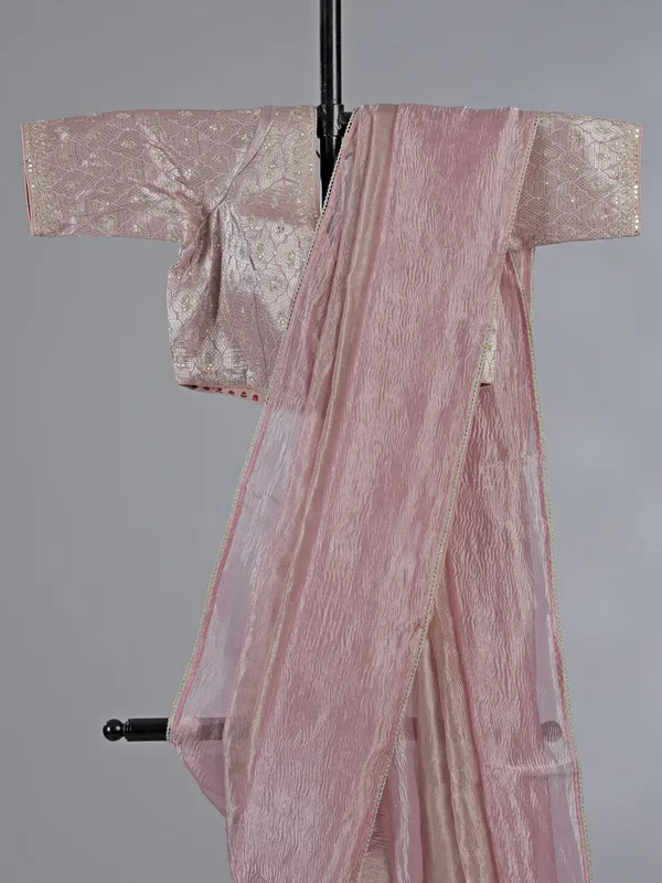 Pink tissue silk saree with zari work