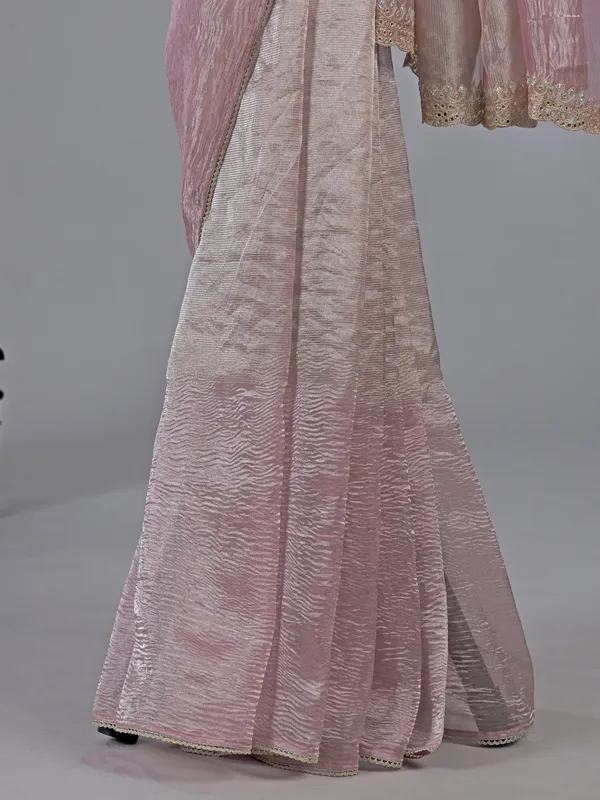 Pink tissue silk saree with zari work