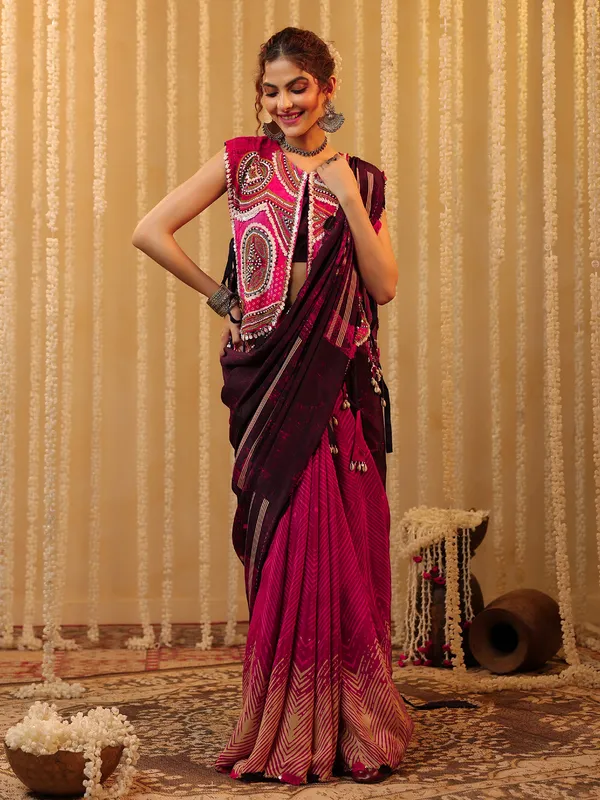 Pink trendy saree with embellished blouse