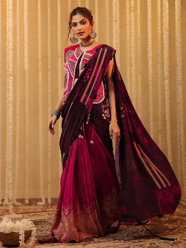 Pink trendy saree with embellished blouse