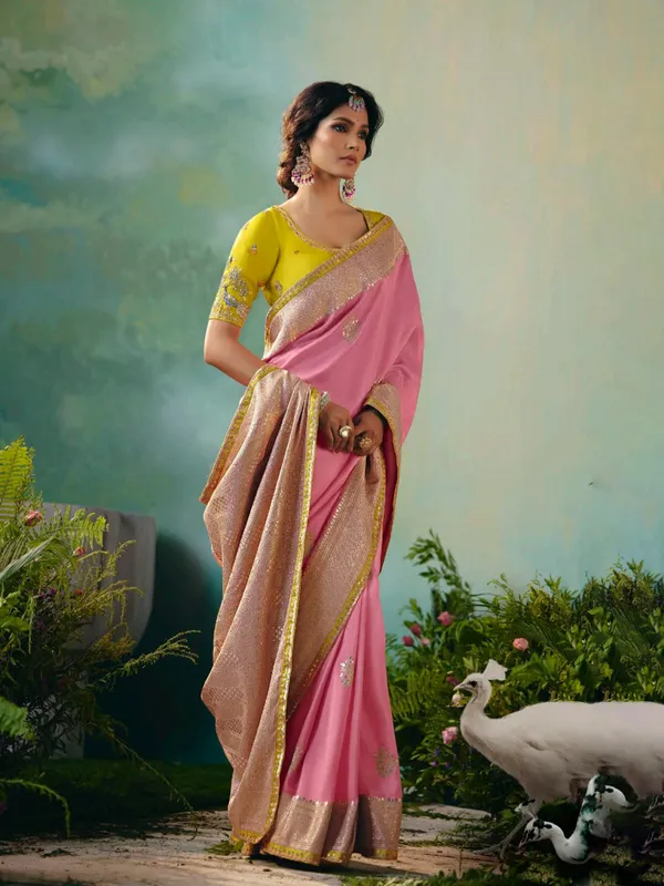 Pink viscose dola silk saree for festival wear