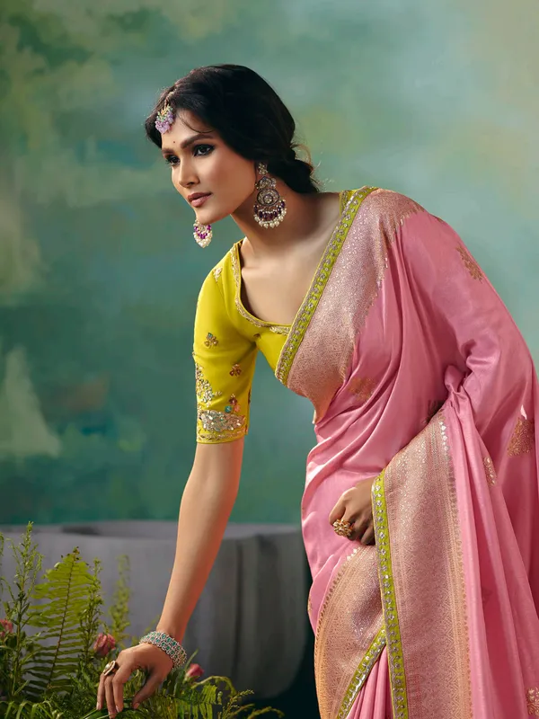 Pink viscose dola silk saree for festival wear