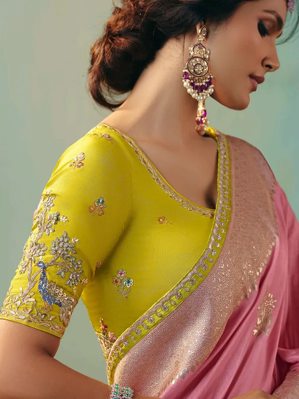 Pink viscose dola silk saree for festival wear