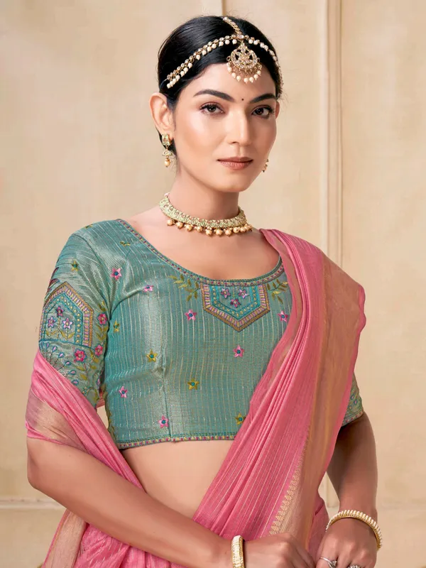 Pink viscose saree with contrast blouse