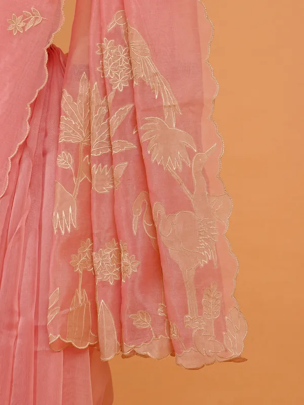 Pink wedding wear organza saree with resham work