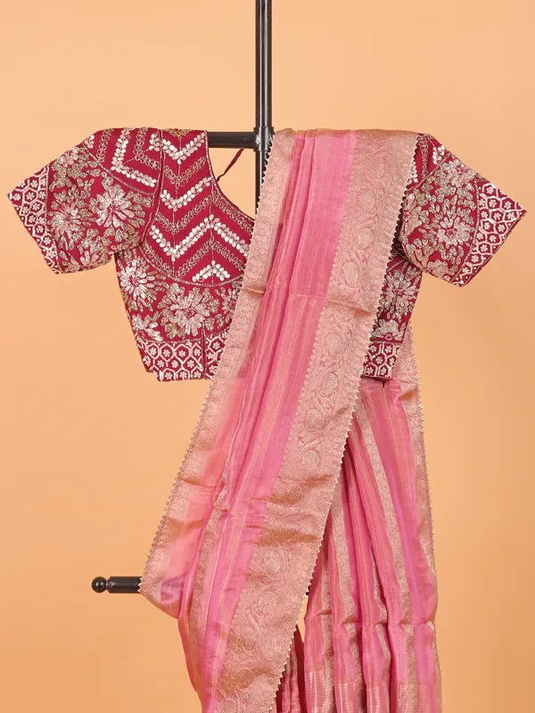Pink wedding wear saree in soft organza