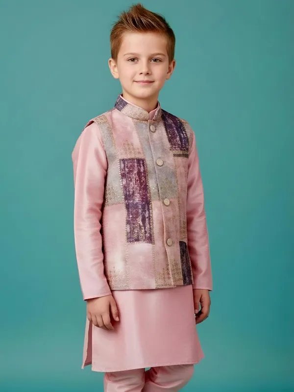 Pink zari printed semi silk waistcoat set