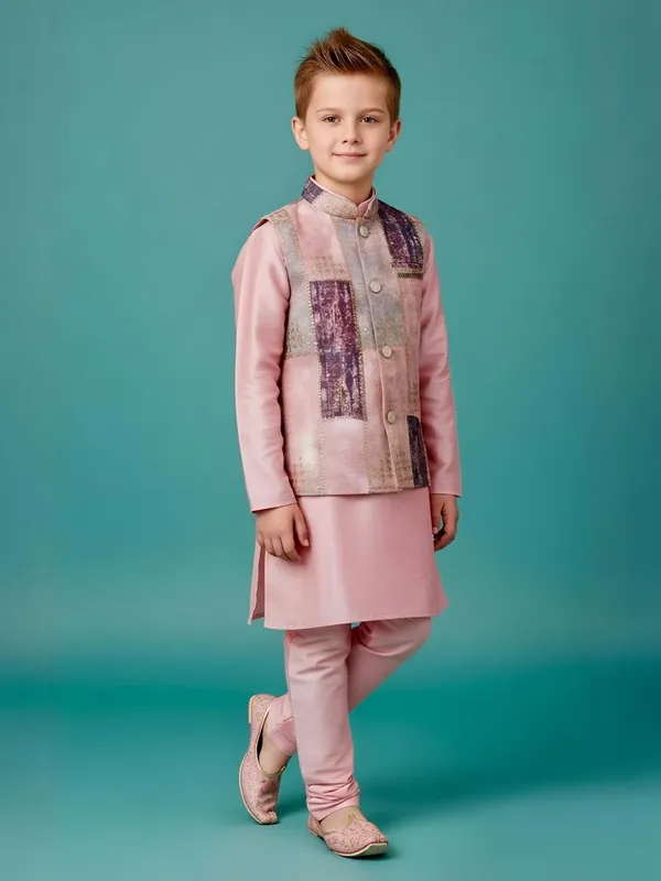 Pink zari printed semi silk waistcoat set
