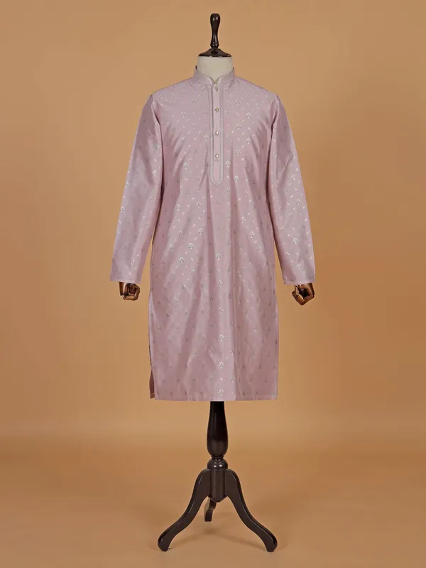Pink zari weaved silk kurta suit for men