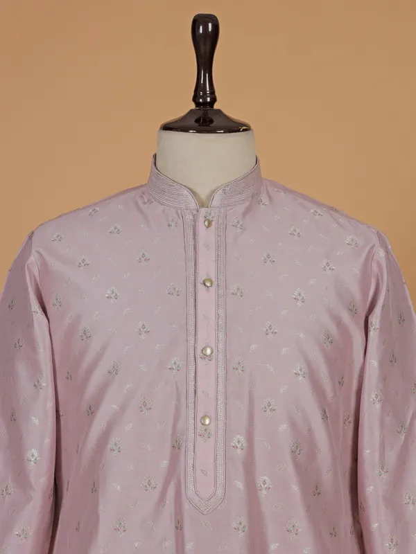Pink zari weaved silk kurta suit for men