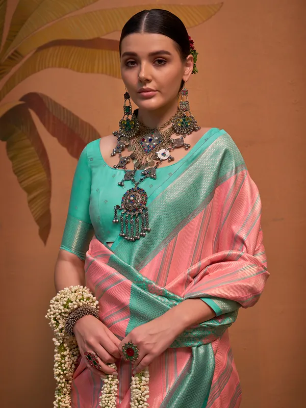 Pink zari weaving silk saree for festive