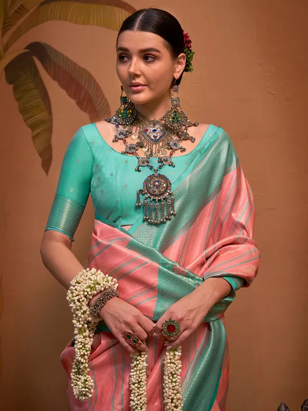 Pink zari weaving silk saree for festive