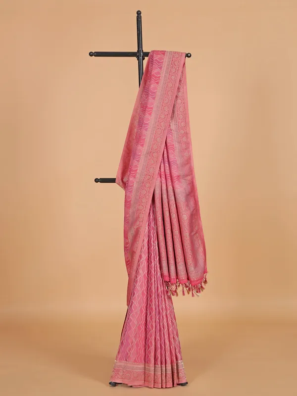 Pink zari weaving silk saree for women