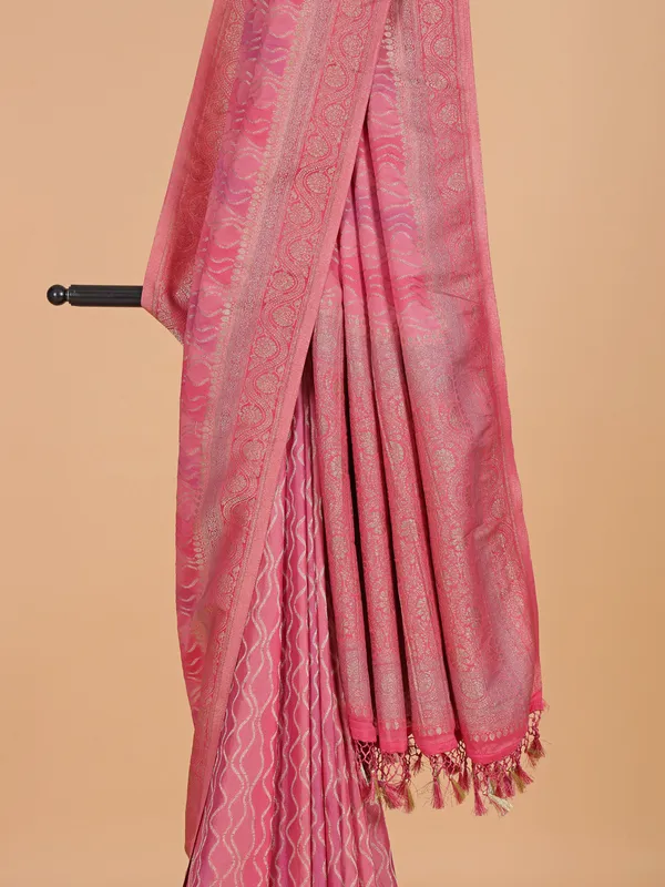 Pink zari weaving silk saree for women