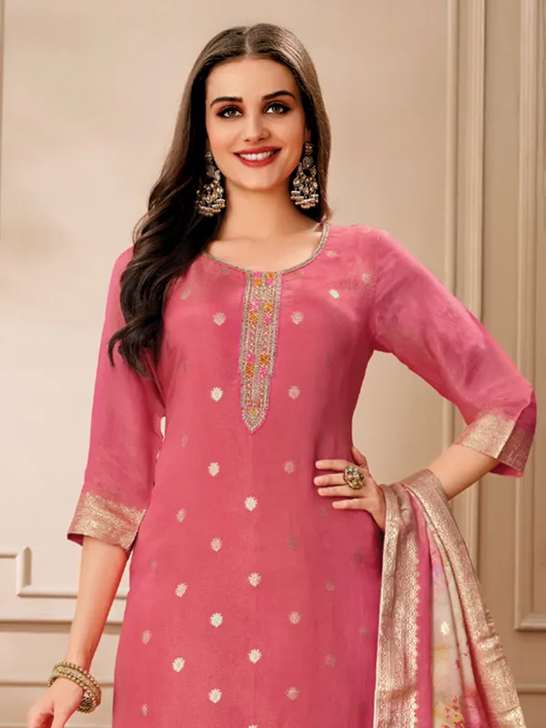 Pink zari worked organza salwar suit with printed dupatta