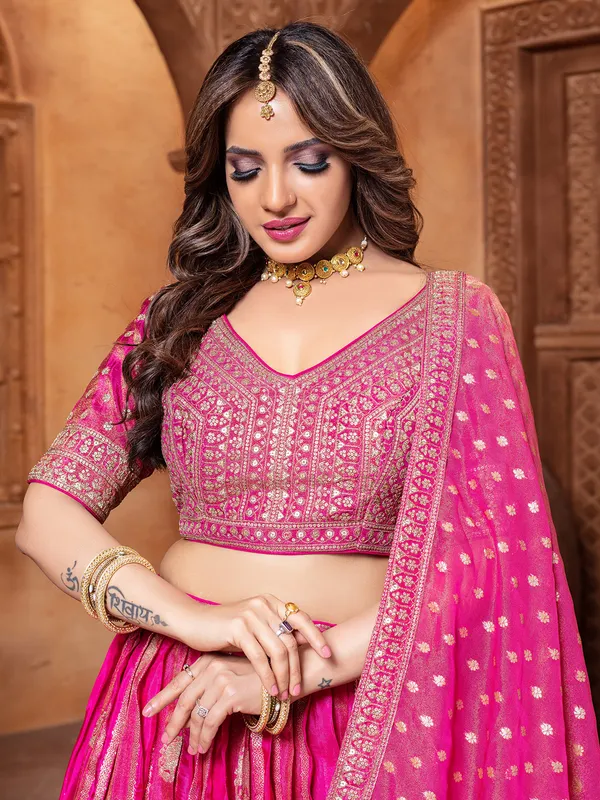 Pink zari worked silk lehenga choli for wedding wear