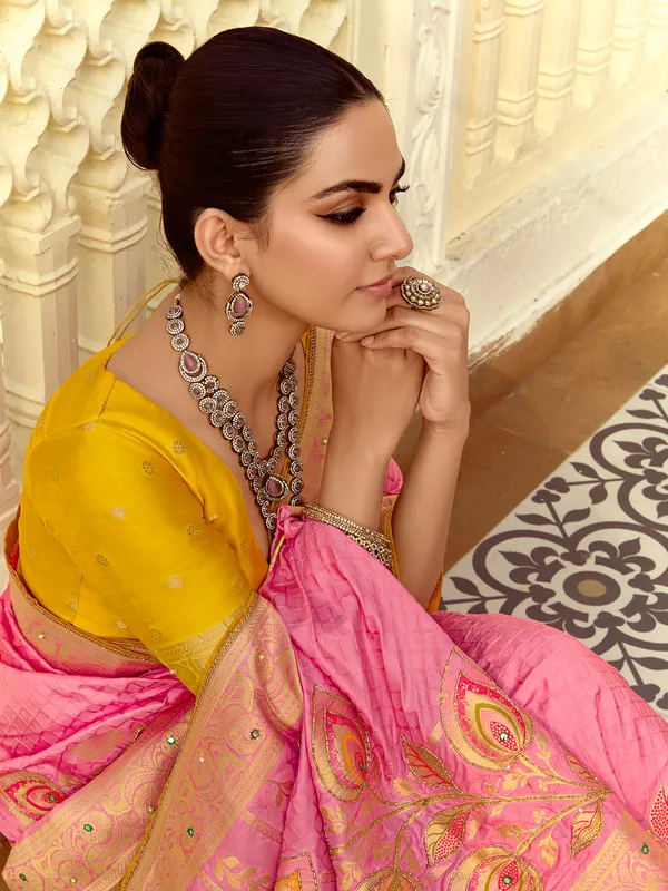 Pink zari worked silk saree for reception wear