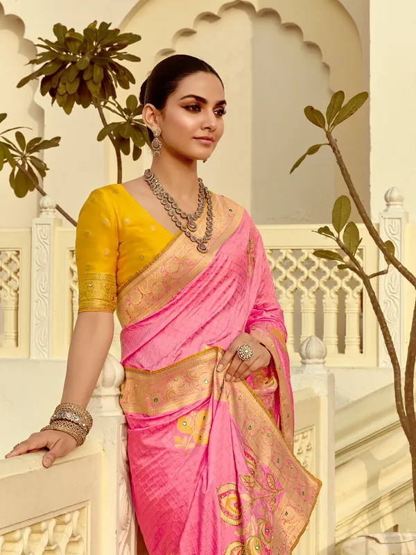Pink zari worked silk saree for reception wear