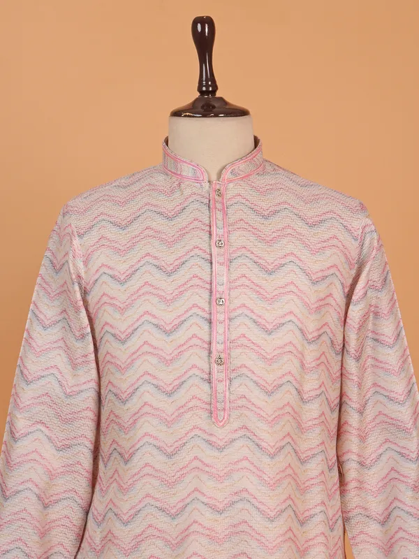 Pink zigzag printed silk kurta suit for men
