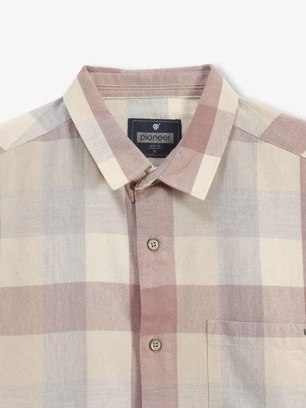 PIONEER beige checks cotton slim fit shirt