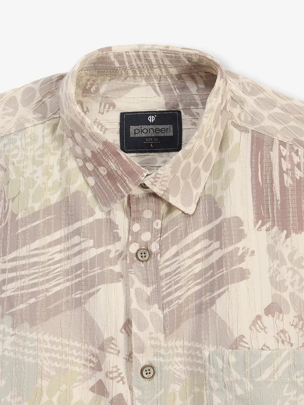 PIONEER cream printed cotton slim fit shirt