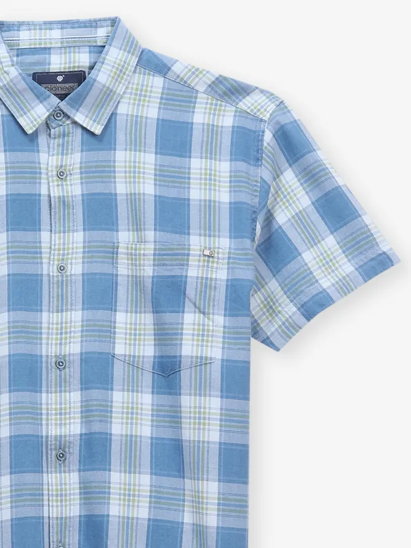 PIONEER denim blue shirt with green checks