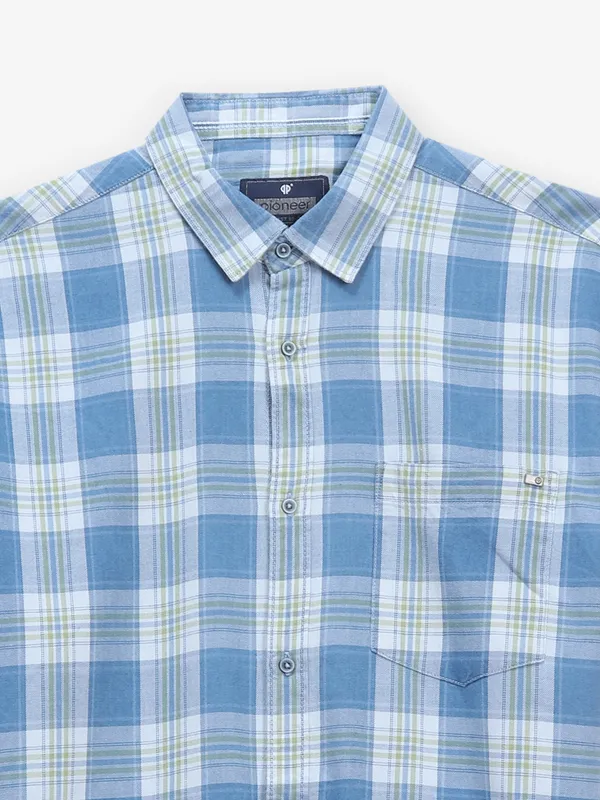 PIONEER denim blue shirt with green checks
