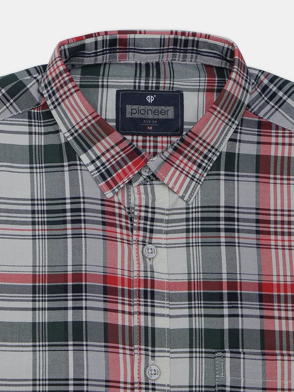 Pioneer olive checks cotton slim fit casual shirt