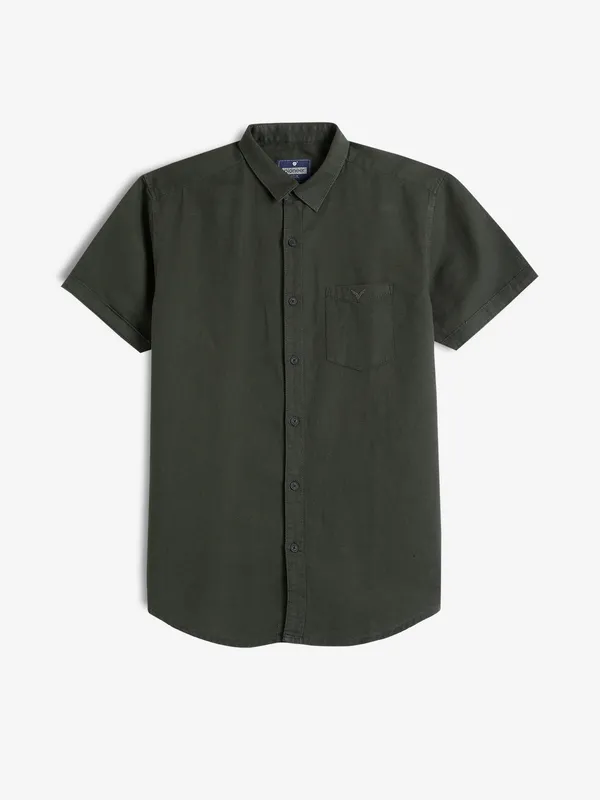 PIONEER plain dark green linen shirt