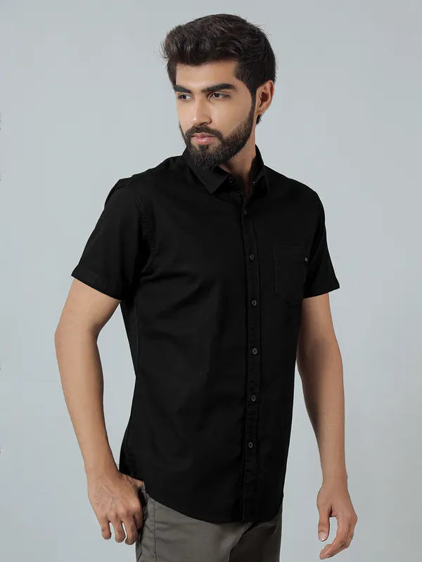 Pioneer solid black casual shirt in cotton