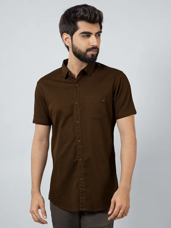Pioneer solid brown cotton shirt for men