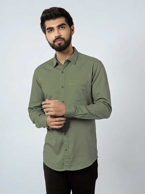 Pioneer solid green cotton casual wear shirt