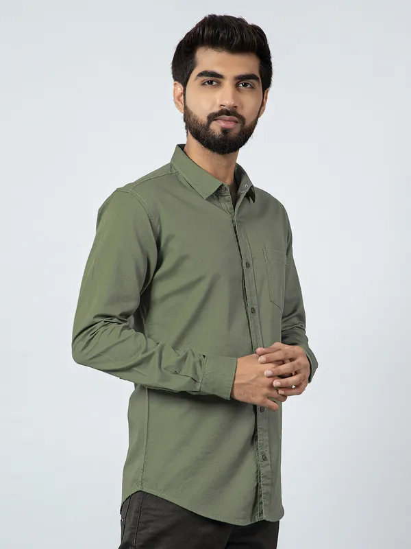 Pioneer solid green cotton casual wear shirt