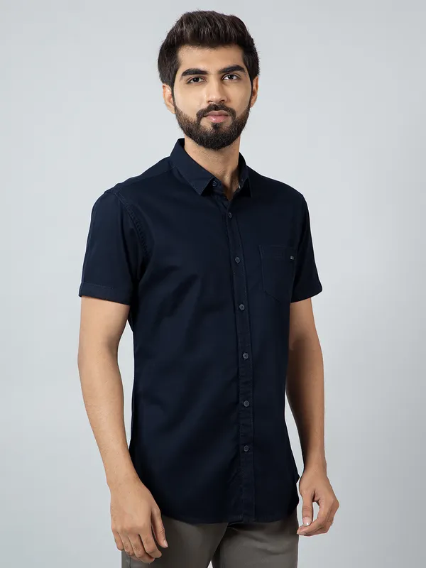 Pioneer solid navy cotton shirt for mens