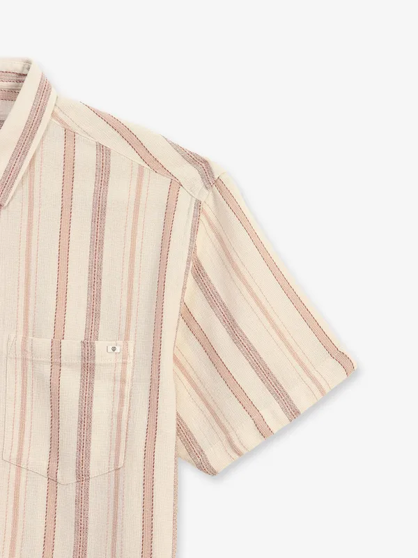 PIONEER stripe cream cotton slim fit shirt