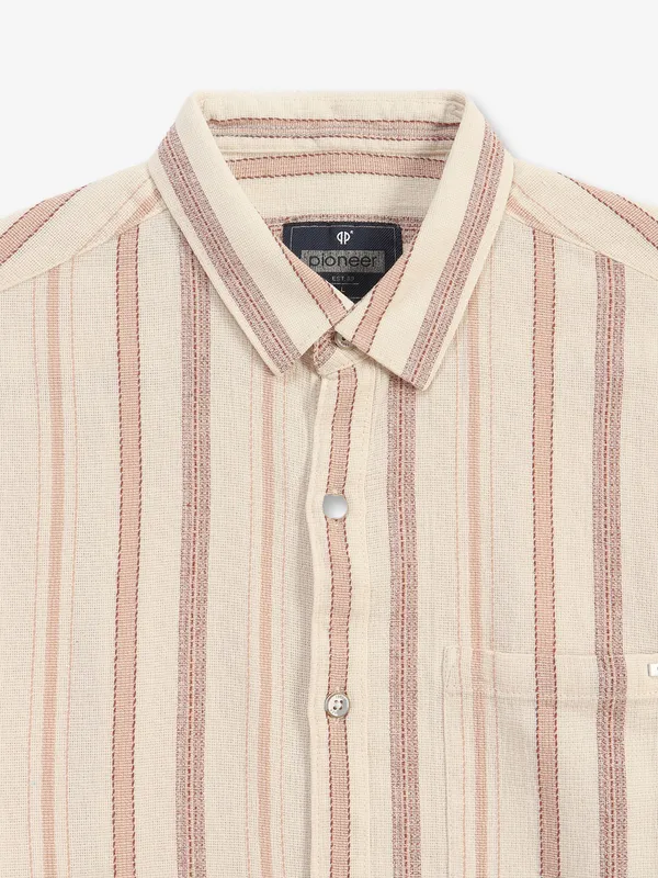 PIONEER stripe cream cotton slim fit shirt